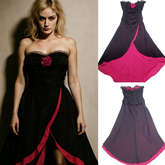 Vintage Dresses & Skirts - Vintage Zum Zum MCR Black Pink Chiffon Ruffle Sweetheart Neckline Hi-low Dress 6